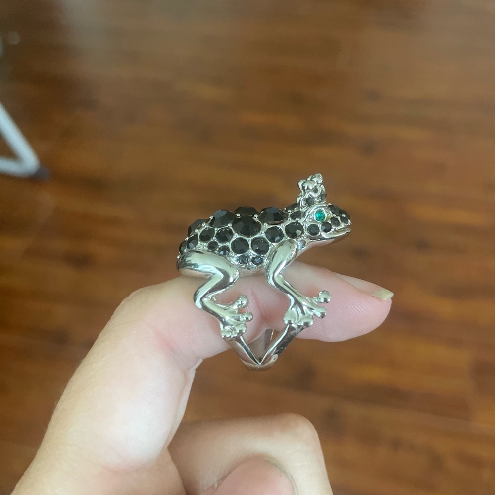Silver Prince Frog Ring with Black and green gems